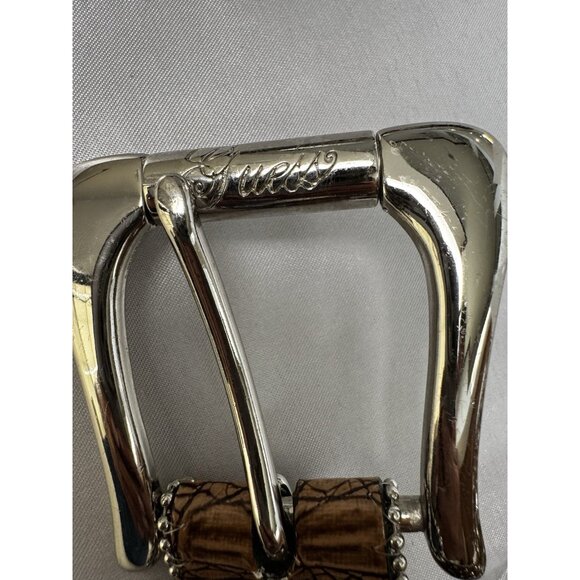 Guess Womens Rhinestone Brown Croc-Embossed Leather Belt 39 - Picture 3 of 6